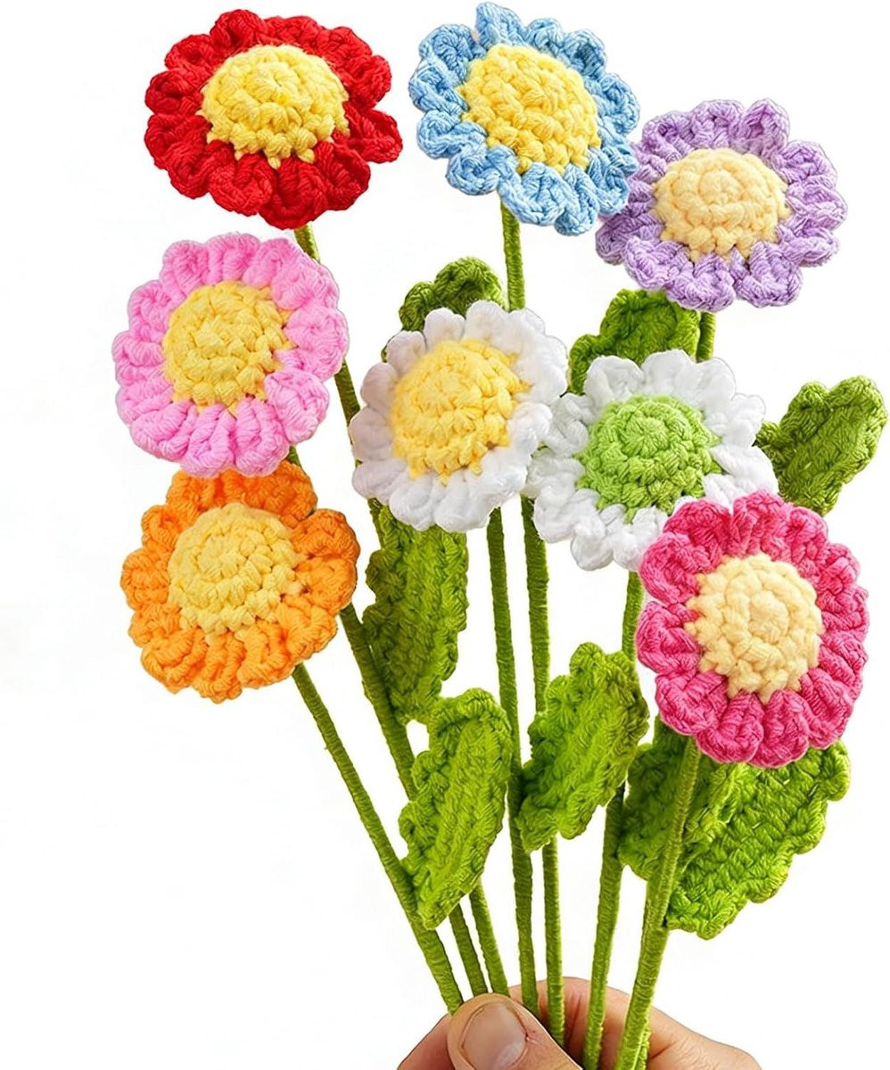 Set van 5 handgemaakte gehaakte bloemen ornamenten - Wit met geel