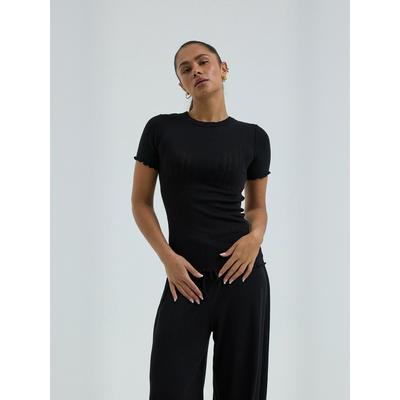 Kurzarmhemd SEAMLESS BASIC "Seamless Basic T-shirt Jacquard", Damen, Gr. S/M, schwarz, Obermaterial: 100% Baumwolle, Hemden