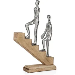 Moritz Moderne Dekofigur Treppenszene aus Aluminium auf Mangoholzsockel - 2 Personen auf Treppe - symbolische Skulptur für Zusammenhalt Vertrauen Motivation