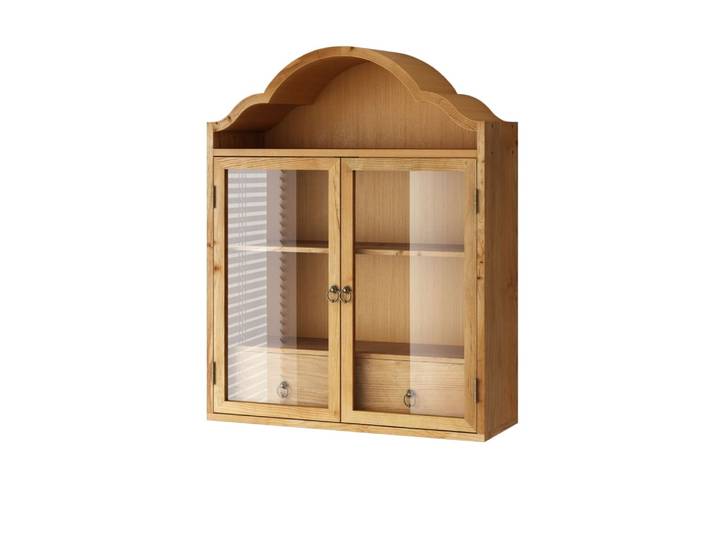 Armoire murale en bois naturel avec tiroirs et vitrine, 60x22x76.5 cm