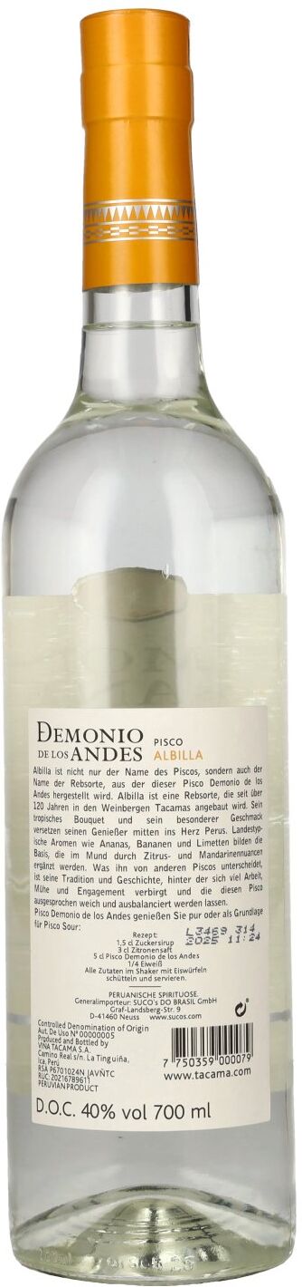 Tacama Demonio de los Andes ALBILLA Pisco 40% Vol. 0,7l