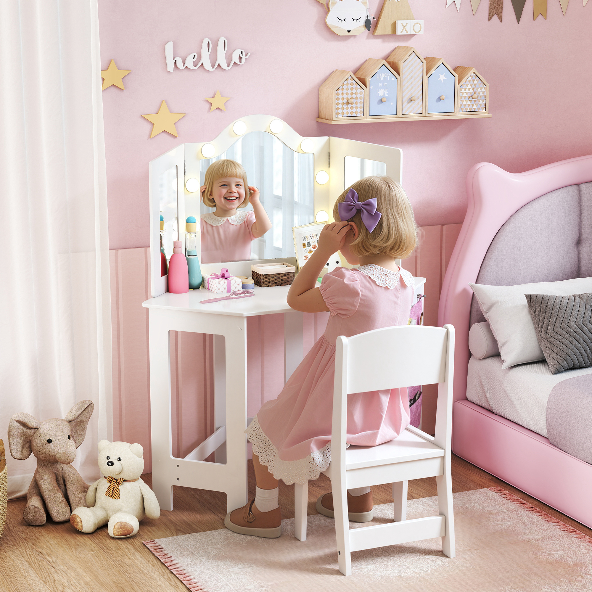 Aiyaplay Set toeletta e sgabello per bambini, con luci LED bicolore, specchio triplo richiudibile, Bianco   Aosom Italy
