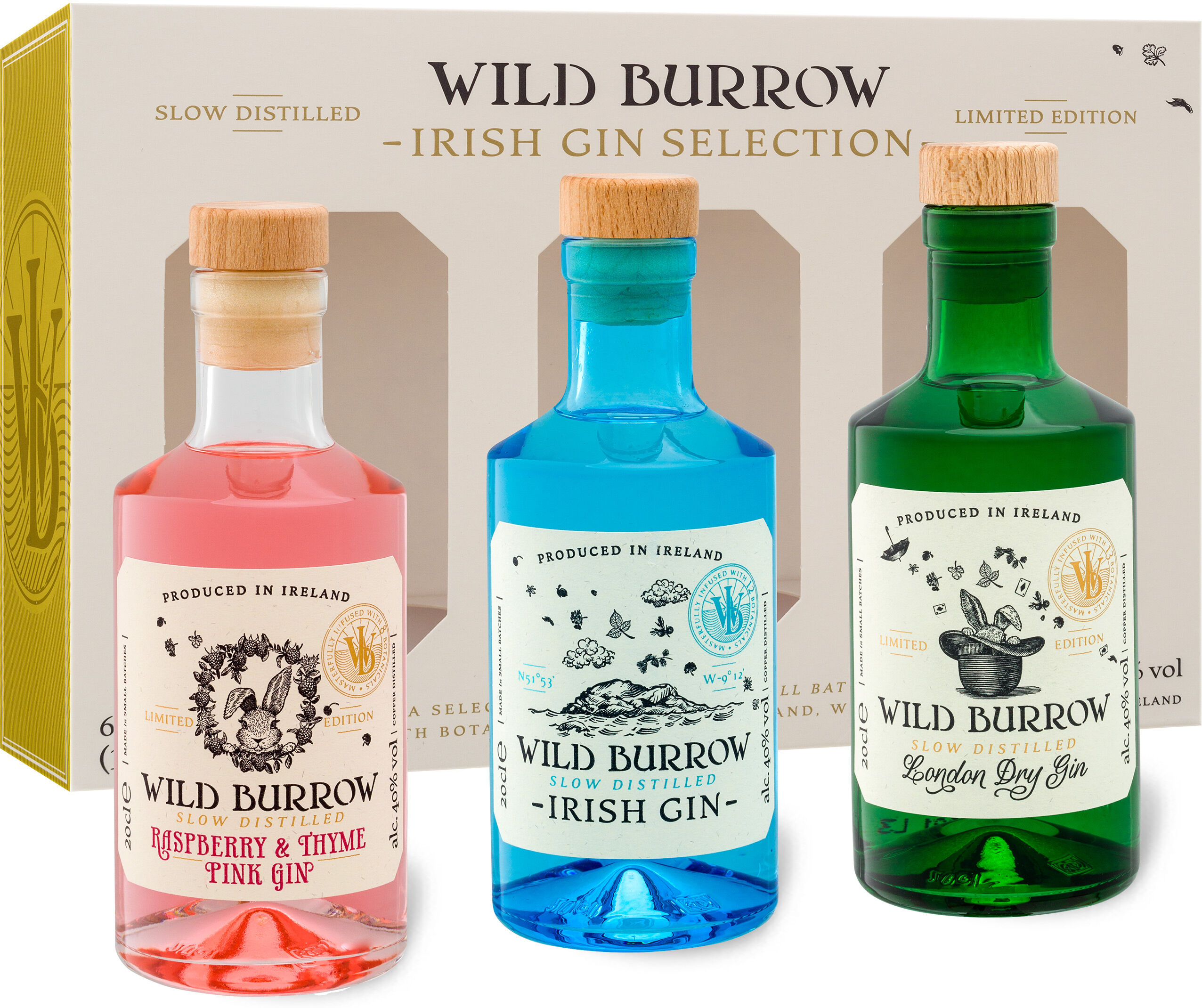 WILD BURROW Irish Gin Selection 3 x 200ml-Flaschen, 40% Vol