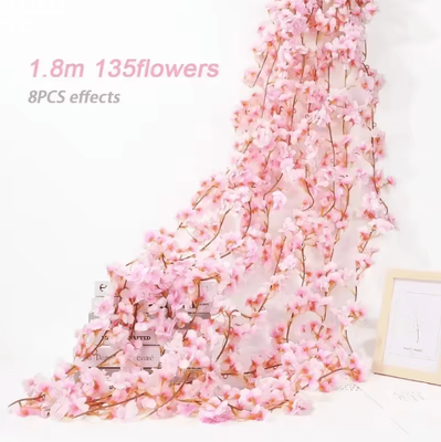 Inspire Curations 180cm Artificial Cherry Blossom Garland Romantic Sakura Vine For Wedding & Home Decor 8pcs Pink 1.8m