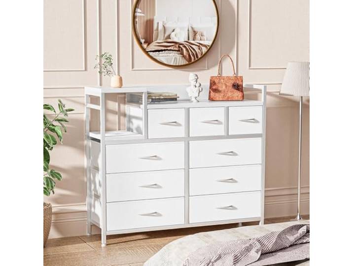 GarveeHome 9-Schubladen Kommode, Atmungsaktives Stoff-Design Mit USB & Steckdosen