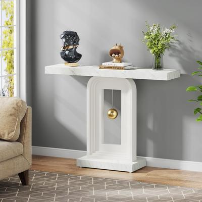 Jiallo "40"" Faux Marble White Modern Console Table, Narrow Entryway Sofa Table with Geometric Gold Base for Hallway"