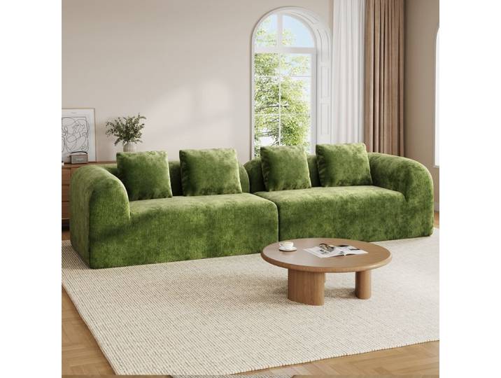 Grand Canapé Modulaire 4 Places en Chenille avec 4 Oreillers Canapé Panoramique Compressé Vert 280×97×66cm
