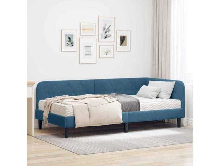 RJPLMFV Eckbettgestell, 100 x 200 cm, Velours, Blau Robustes Sperrholz, Schaumstoffmatratze inklusive, Schlafsofa 2-in-1, pflegeleicht