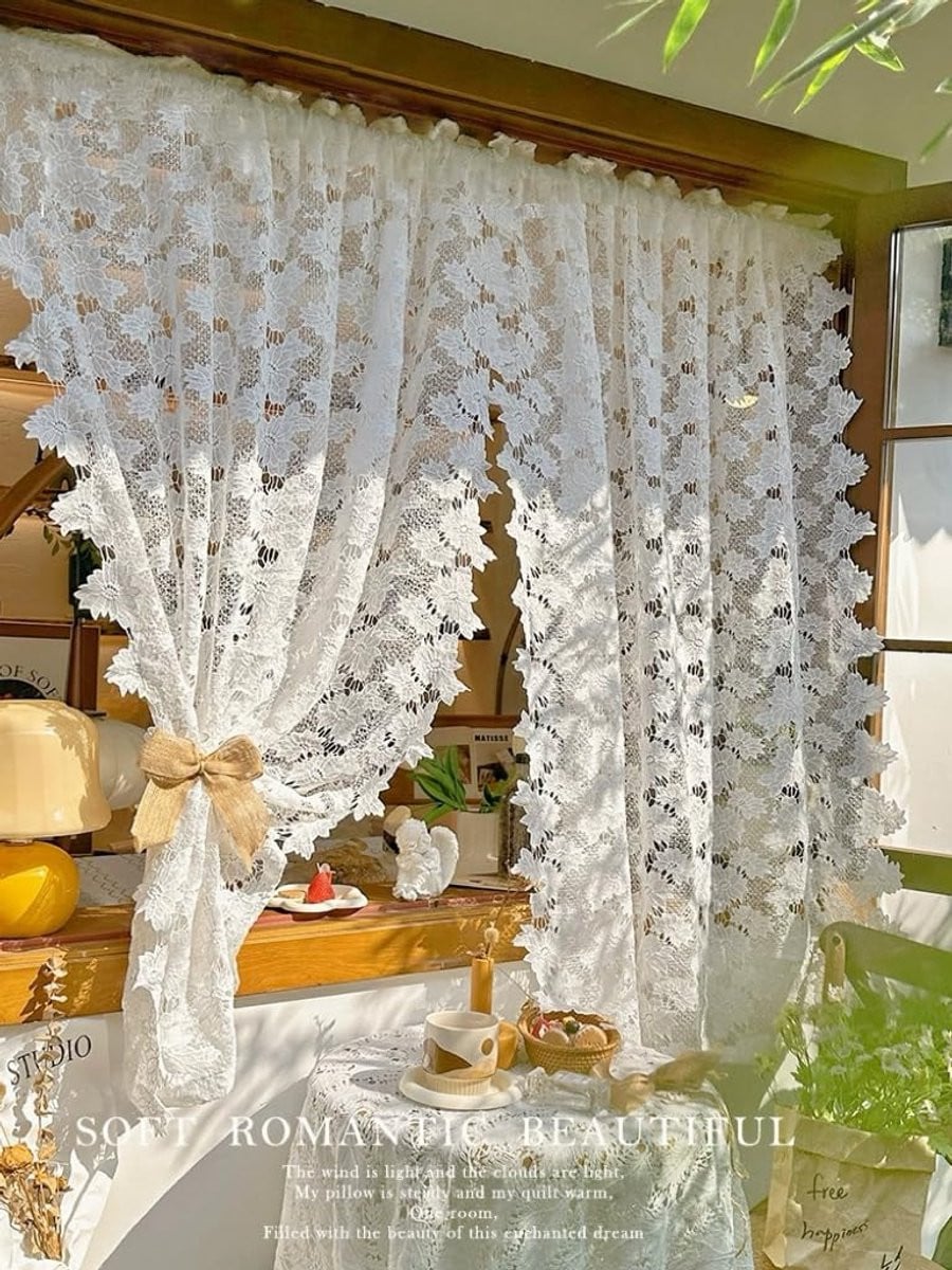 Wit decoratief kant gordijn met bloemenmotief, vintage bistrogordijn voor keuken of woonkamer, B: 120 cm x H: 80 cm