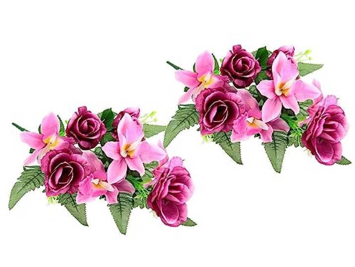 Kunstblumenstrauß mit künstlichen Rosen Lilien Aufleger Gesteck Rose Kunstblume Arrangement Bouquet Strauß Grabdekoration Grableger Grabschmuck Friedhofsgesteck, Grabblume Orchideen/Rosen