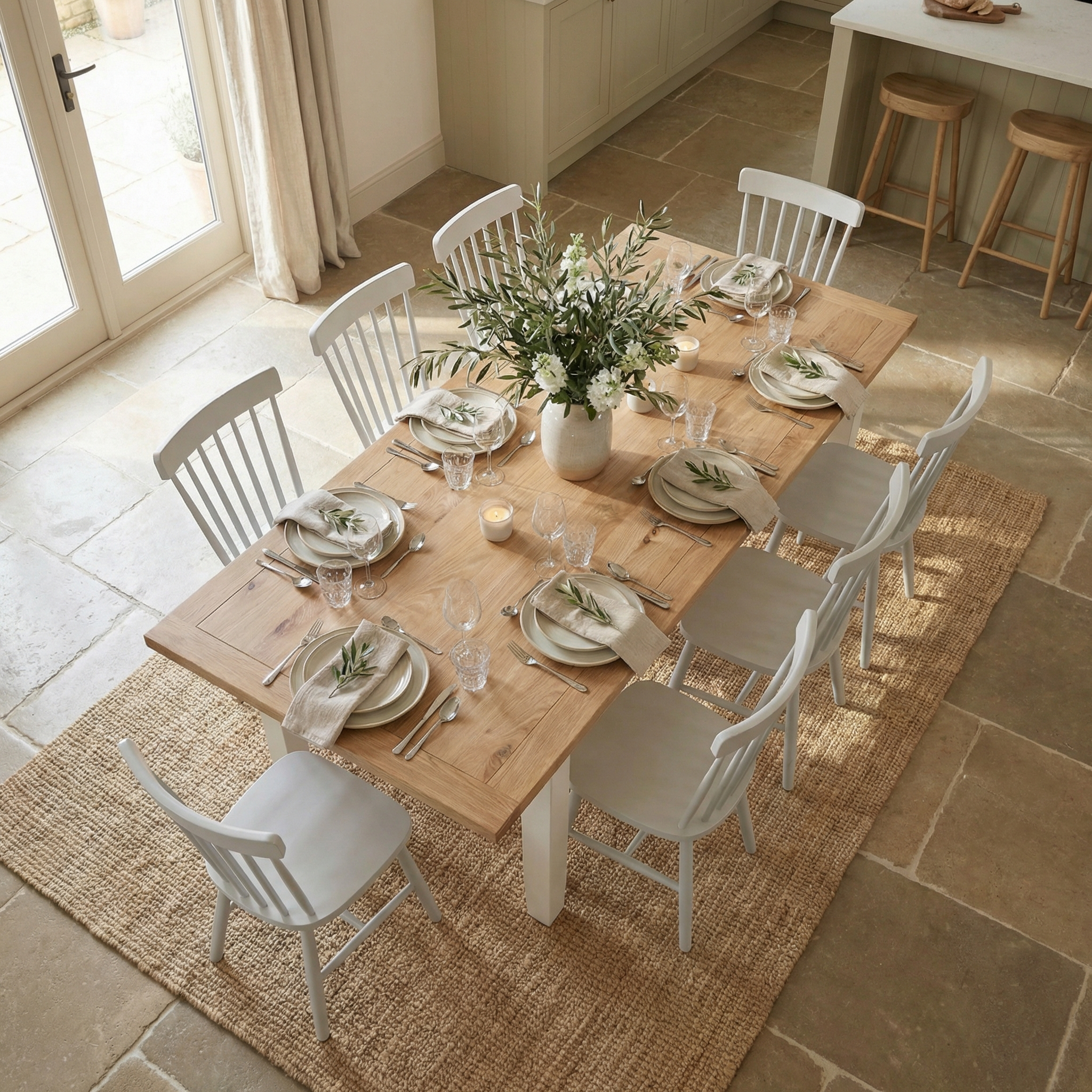 Burford 8 Seat Extending Dining Set with Spindleback Dining Chair in Warm White