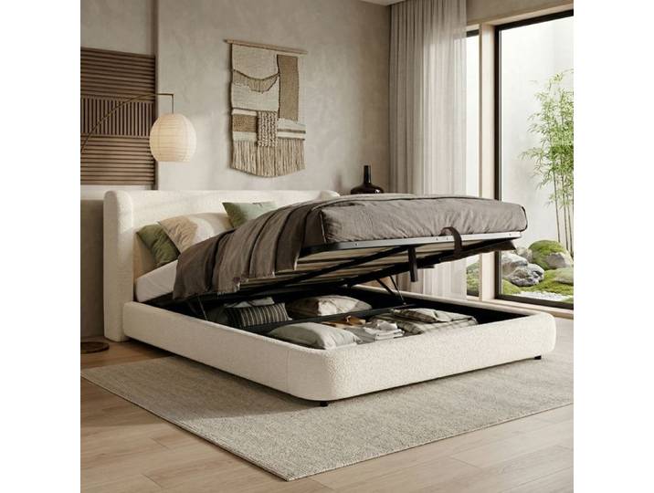 Lit Coffre 180 x 200 cm en Bouclé Beige Sommier Relevable Tête de Lit Déhoussable et Grand Rangement