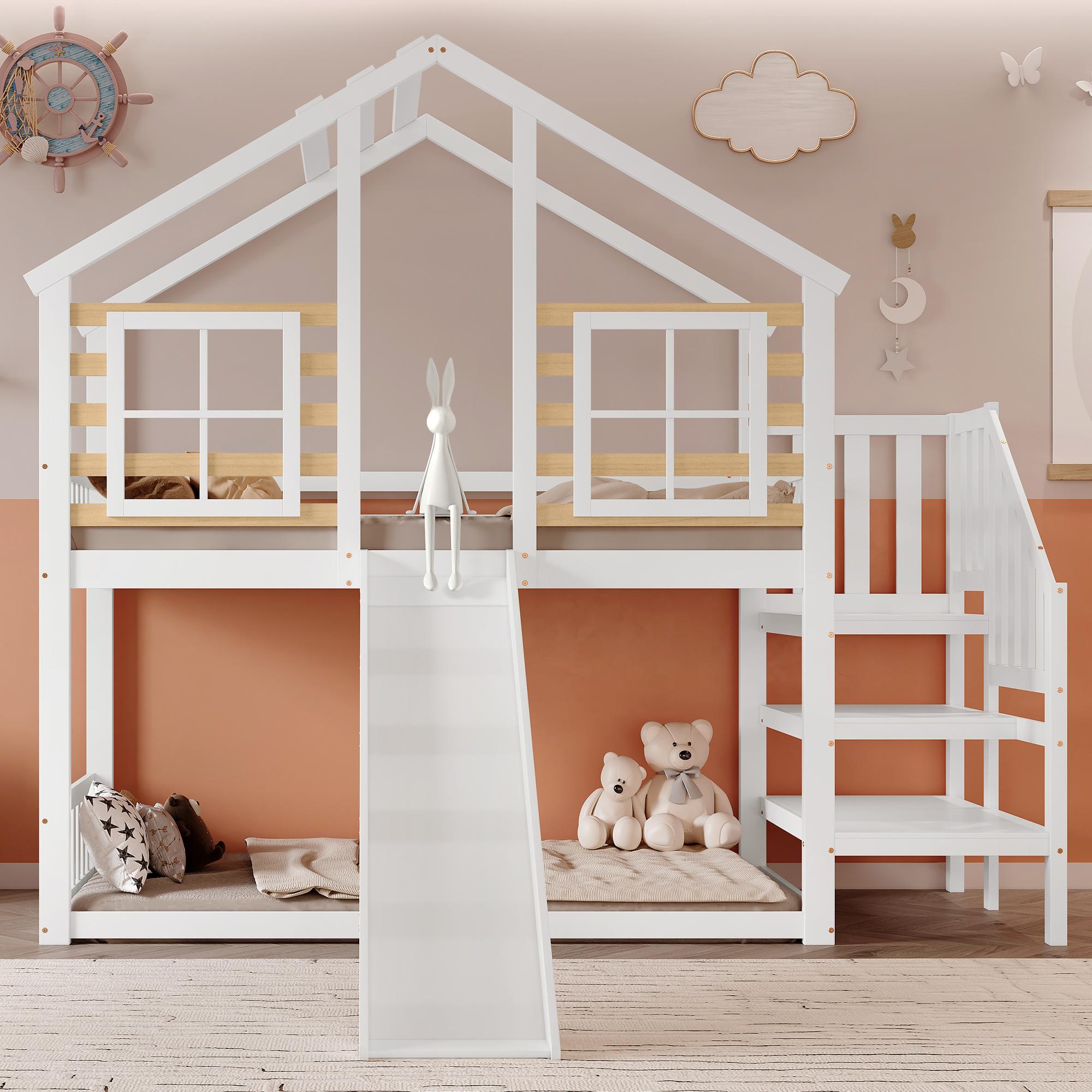 Etagenbett mit Rutsche, Treppe, Fenstern, Schutzgeländer, Massivholz, weiß