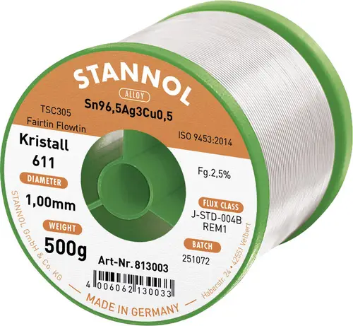 Stannol Kristall 611 Fairtin Lötzinn, bleifrei bleifrei Sn96,5Ag3Cu0,5 REM1 500g 1mm