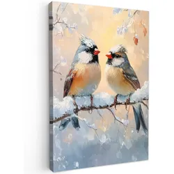 LEINWANDBILD Vögel - Zweig - Winter - Schnee Deko XXL 80x120 cm