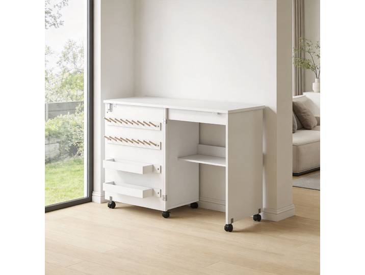 HOMCOM Table Couture Pliante Blanc 2 Compartiments 18 Bobines Roulettes