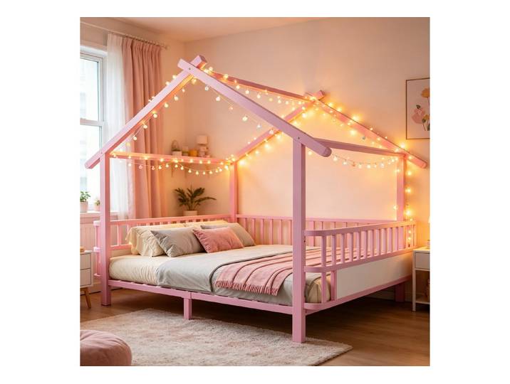 REDOM Kinderbett Metallbett im Hausform-Design mit Sicherheitsgitter (mit Dachstruktur und dekorativem Rahmen 140x200 cm, Funktionsbett Jugendbett), ohne Matratze