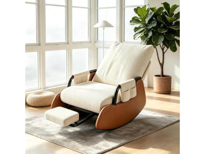 kumamart Schaukelsessel Modern mit Ausziehbarer Fußstütze Ergonomischer Schaukelstuhl mit ausziehbarer Fußstütze und Seitentasche für tägliche Entspannung.