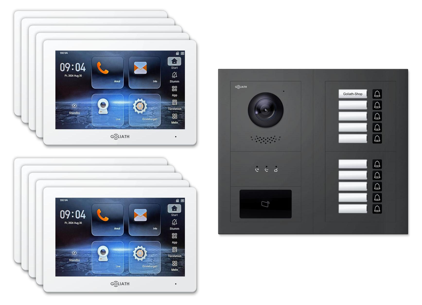 Goliath Premium IP GL-IPH1015A Video-Türsprechanlage, 10 Familien, 10× 7 Zoll Weiß, Anthrazit, Unterputz