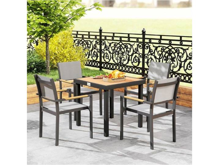 Table de Jardin Carree 4 Personnes Plateau Aspect Bois - ELVMI - Pieds Reglables en Aluminium Noir 78 × 78 × 74 cm