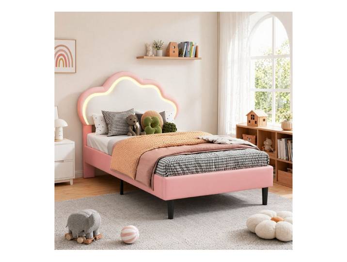 Simurq Kinderbett 90x200cm Bettgestell, Einzelbett, Polsterbett, Jugendbett, Mit LED, Mit Lattenrost, Prinzessin Bett