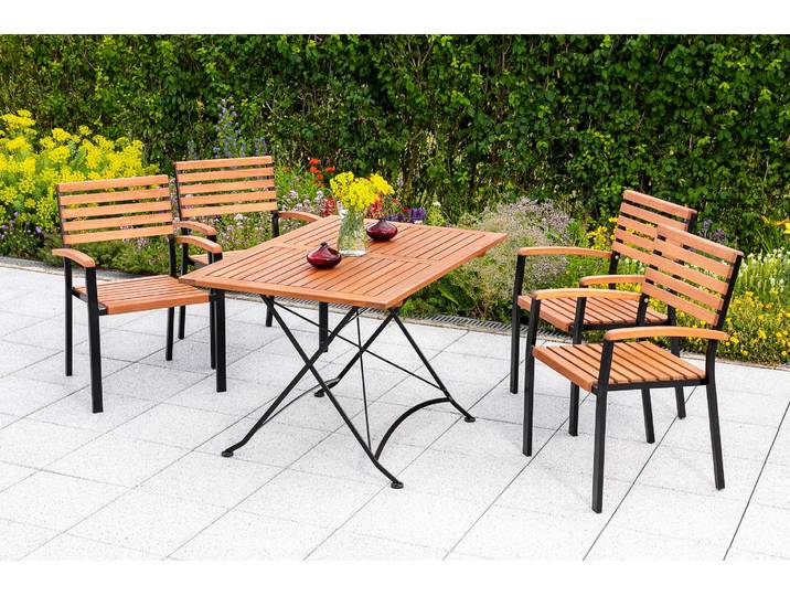 Garten-Essgruppe MERXX Schloßgarten , braun, B:59,5cm H:87cm T:56cm, FSC-zertifiziertes Massivholz, Stahl, Sitzmöbel-Sets, Garten-Essgruppe, 4 Stapelsessel mit Klapptisch
