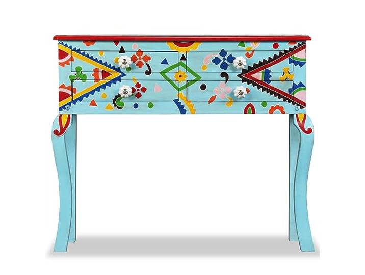 KTHLBRH Konsole aus Massivholz Mango, blau, handbemalt Retro-Stil, dekorative Details, handgefertigtes Möbelstück für Wohnzimmer oder Schlafzimmer