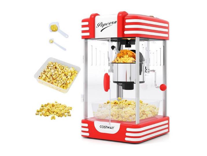 COSTWAY Popcornmaschine, Retro Popcornmaker mit Warmhaltelicht & Handkurbel