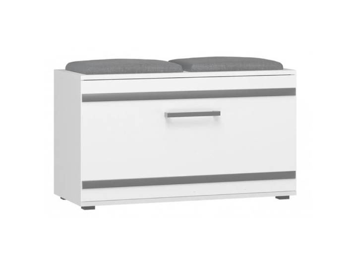 ALMORA - Meuble à chaussures - 85x45x35cm - Banc à chaussures - Rangement chaussures - 4 niches + 2 coussins - Blanc