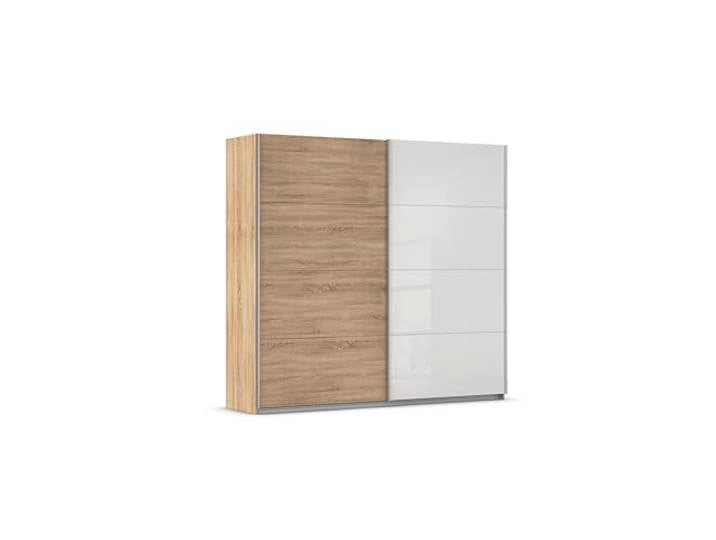 Rauch Möbel QUADRA, Schwebetürenschrank, Eiche Sonoma/Glas Weiß, 226 cm Kleiderschrank mit Schwebetüren, Schiebetüren, 2-türig, für Schlafzimmer, Kinderzimmer, Jugendzimmer, Garderobe
