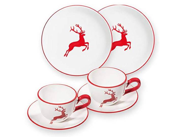 GMUNDNER KERAMIK Breakfast for two Classic Geschirrset rubinroter Hirsch Geschirr, handgemacht in Österreich
