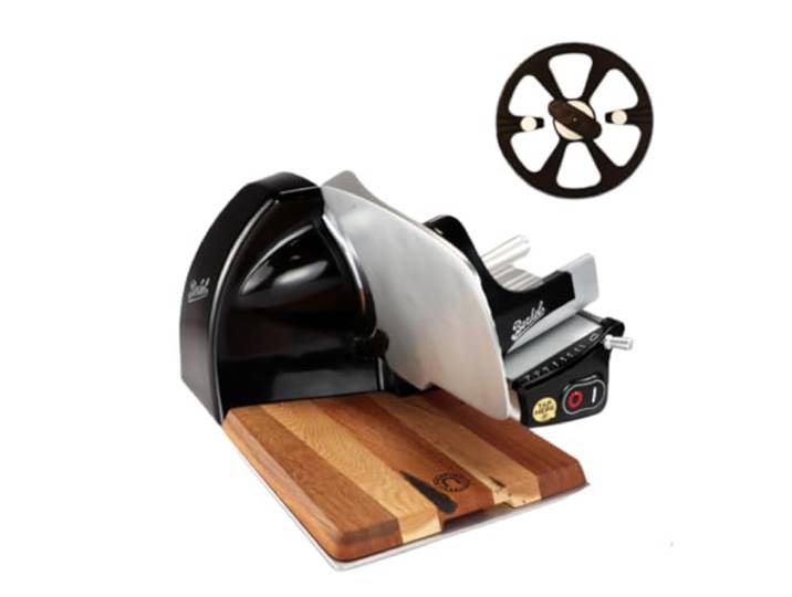 Berkel Aufschnittmaschine – Schneidemaschine Home Line 200 Plus in schwarz – Neues Modell + 100% handgefertigtes Schneidebrett Unikat