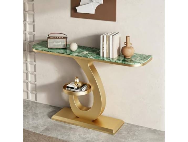 LEUBDIBR Creme‑farbene Sinterstein‑Konsolentisch, Halbmond‑Eingangstisch Sintersteinplatte, Halbmond‑Design, robuster Metallrahmen, moderner Stil(Gold+green,150cm/59.1 )