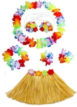 Useful Little Things Hawaiian Dance Child Skirt With Leis Costume 15.7 Inch Elastic Luau Grass Skirt Flower Bracelets Headband Necklace Set 6pcs Grass 15.7 In