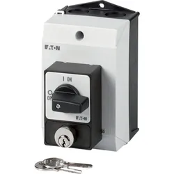 Eaton 207084 Panikschalter, T0, 20 A, Aufbau, 3-polig, mit schwarzem Knebel und Frontschild, Zylinderschloss-Sperre SVA T0-2-1/I1/SVA(S)
