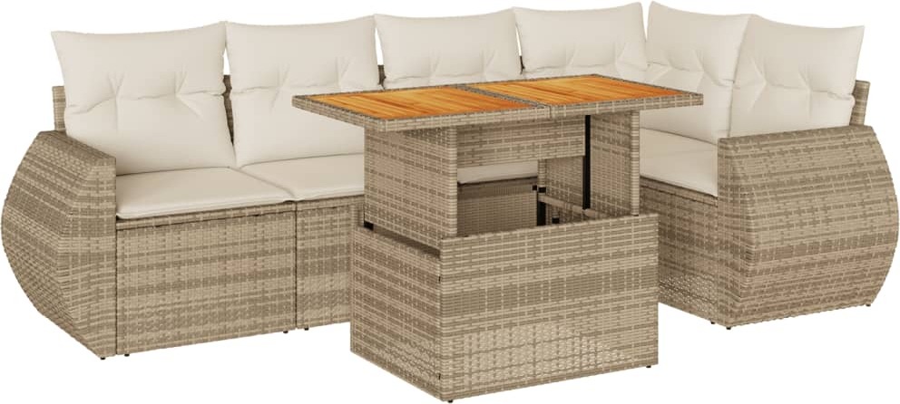 6-tlg. Gartenmöbel-Set, modulare Sofagarnitur mit Stauraum, verstellbarem Tisch, UV-beständigem Poly Rattan, Beige/Cremeweiß