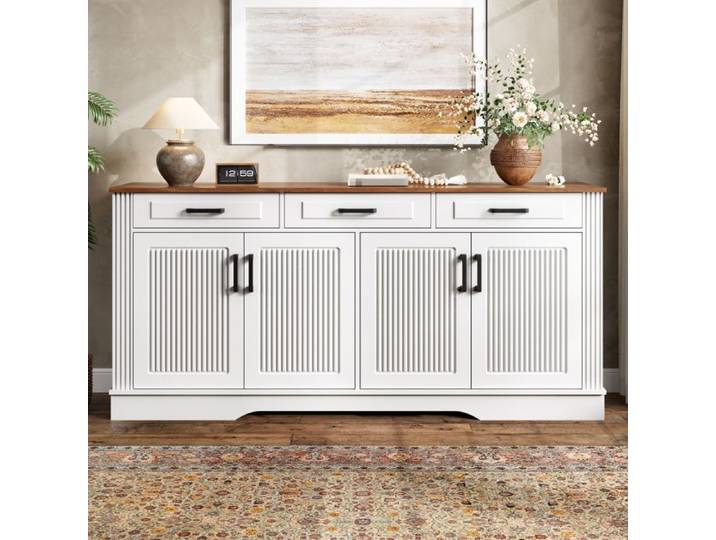 Buffet de salon Buffet bas 3 tiroirs Buffet 4 portes 160x40x75 cm Style moderne pour entrée salon salles à manger Blanc