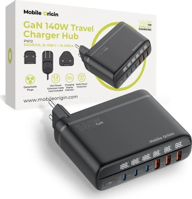 Mobile Origin GaN 140W Travel Charger Hub PW12 EU/UK/US 3x USB-C + 3x USB-A