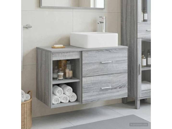 Badezimmermöbel-Set 2 stk. Grau Sonoma Holzwerkstoff Wandmontierte Kommode Holzwerkstoff, Grau Sonoma, wandmontiert, Schubladen und Regale, anpassbare Waschbeckeninstallation, inklusive zwei Bohrern