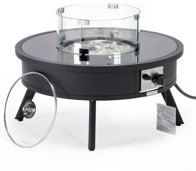 LeisureMod Walbrooke 29 Inch Modern Aluminum Outdoor Propane Fire Pit Table 37000 BTU Glass Shield Lid Fire Glass