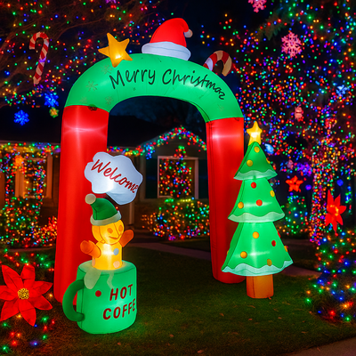 PRiME Christmas Inflatable Hot Coffee Mug Bear, LED Archway Decoration, Outdoor Yard Ornament, Holiday Home Party Toy 77wj qm1830