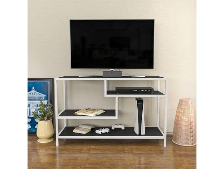 Hanah Home Scandinavian TV Stand, 120 cm, White & Anthracite 100% Melamine Coated Particle Board, 18 mm Thick, Sturdy Metal Frame Stylish & Functional Design