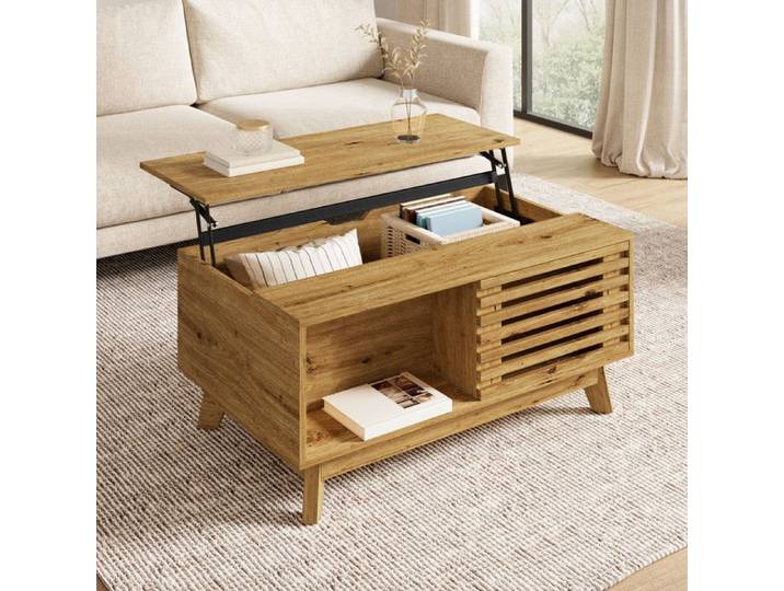 Table basse relevable Table basse moderne Table de salon multifonction en MDF 1 porte coulissante Meuble rangement Design rétro