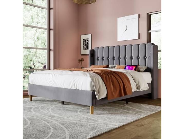 Merax Polsterbett 160x200cm, Bettgestell Doppelbett mit Lattenrost, Design Kopfteil, USB Typ C Ladefunktion, Gepolstertes Bett, Bettrahmen Jugendbett für Schlafzimmer Gästezimmer, Leinen, Grau