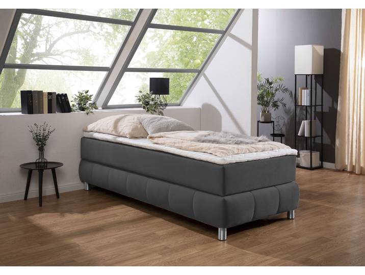 Boxspringbett, Samtoptik, Grau, 96×206 cm, Ohne Kopfteil, 7-Zonen-Tonnentaschenfederkern, Skandinavisch, andas
