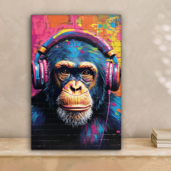 LEINWANDBILD Graffiti - Schimpanse - Straßenkunst - Kopfhörer - Affe Deko Wohnzimmer 20x30 cm