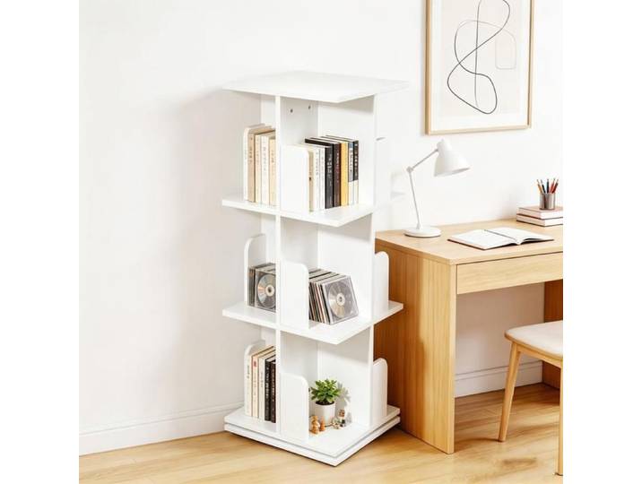 Rcynview Bibliothèque 3 Niveaux Bibliothèque Rotative 360° Blanc Étagère tournante Meuble pivotant Pour Adultes et Enfants