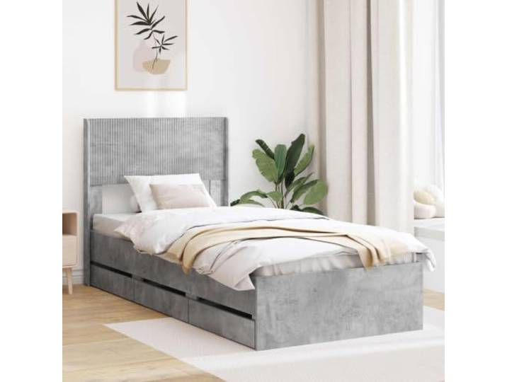 RJPLMFV Bettrahmen aus Holz, Grau, Beton, mit Stauraum Mit Kopfteil, Lattenrost inklusive, Matratze nicht im Lieferumfang enthalten, einfache Montage