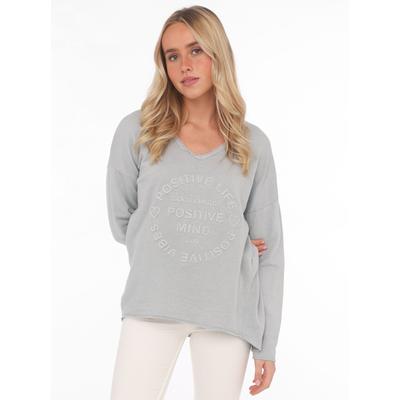 Zwillingsherz "Positive Mind", ausgefranster V-Ausschnitt, Used Look, Langarm, Schriftzug