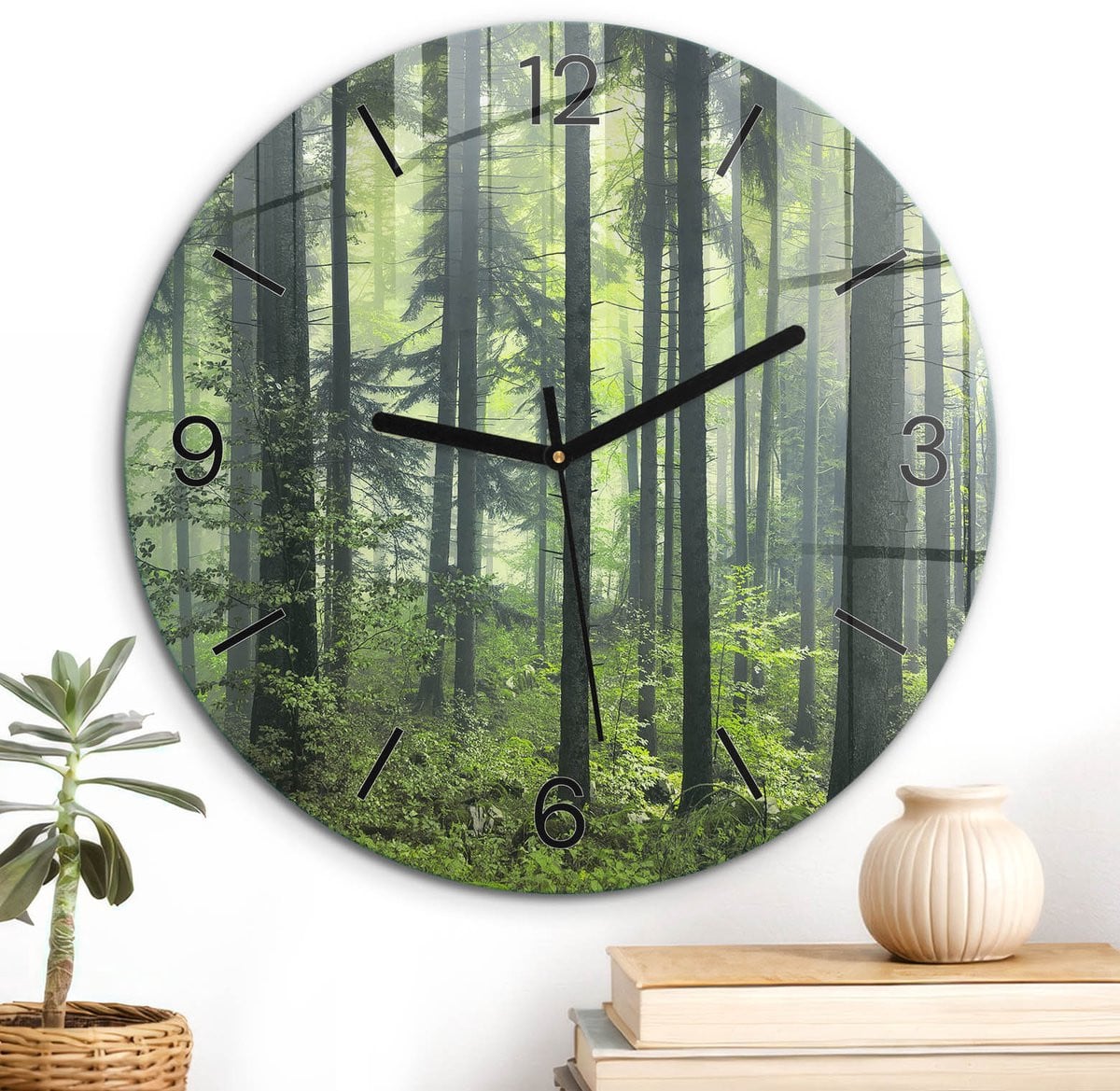 ArtPrintCave Groene Glazen Wandklok met Boslandschap - Rond - Diameter: 30 cm